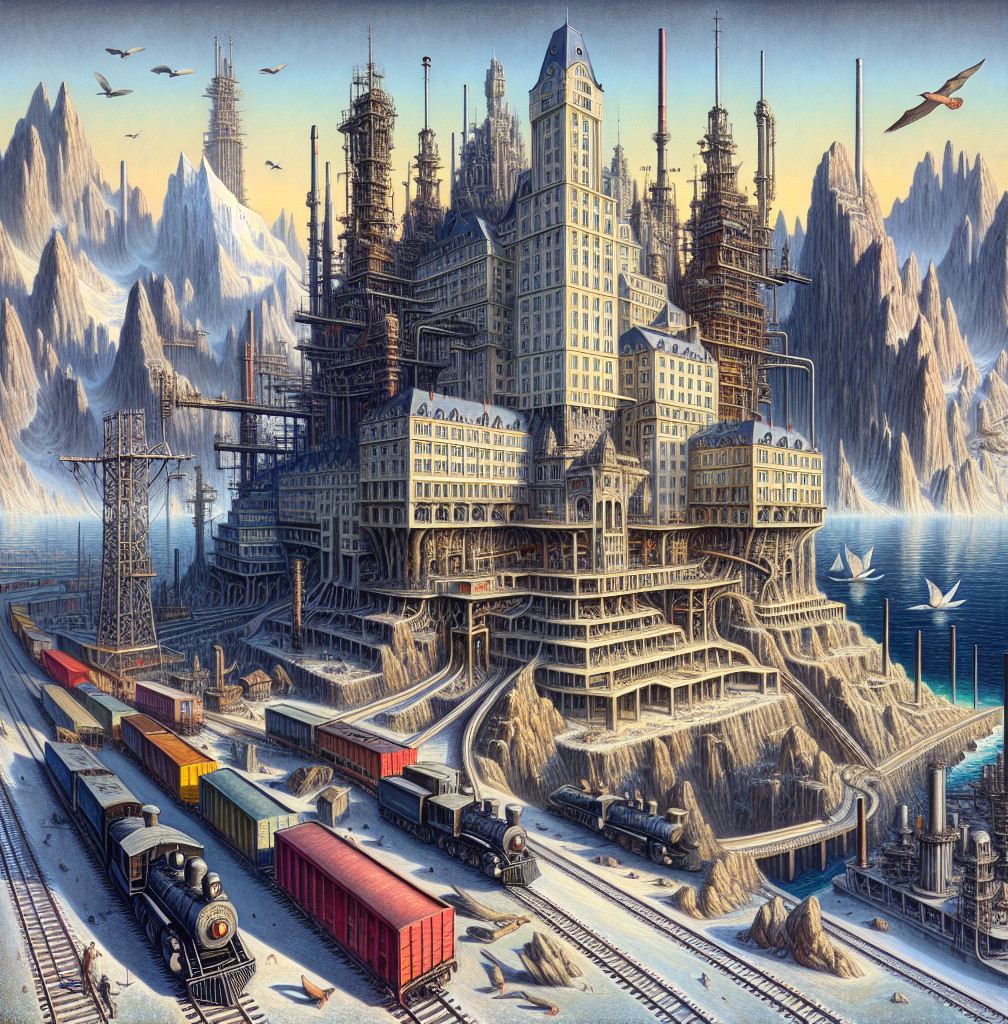 Futuristic cityscape with nature and industrial elements