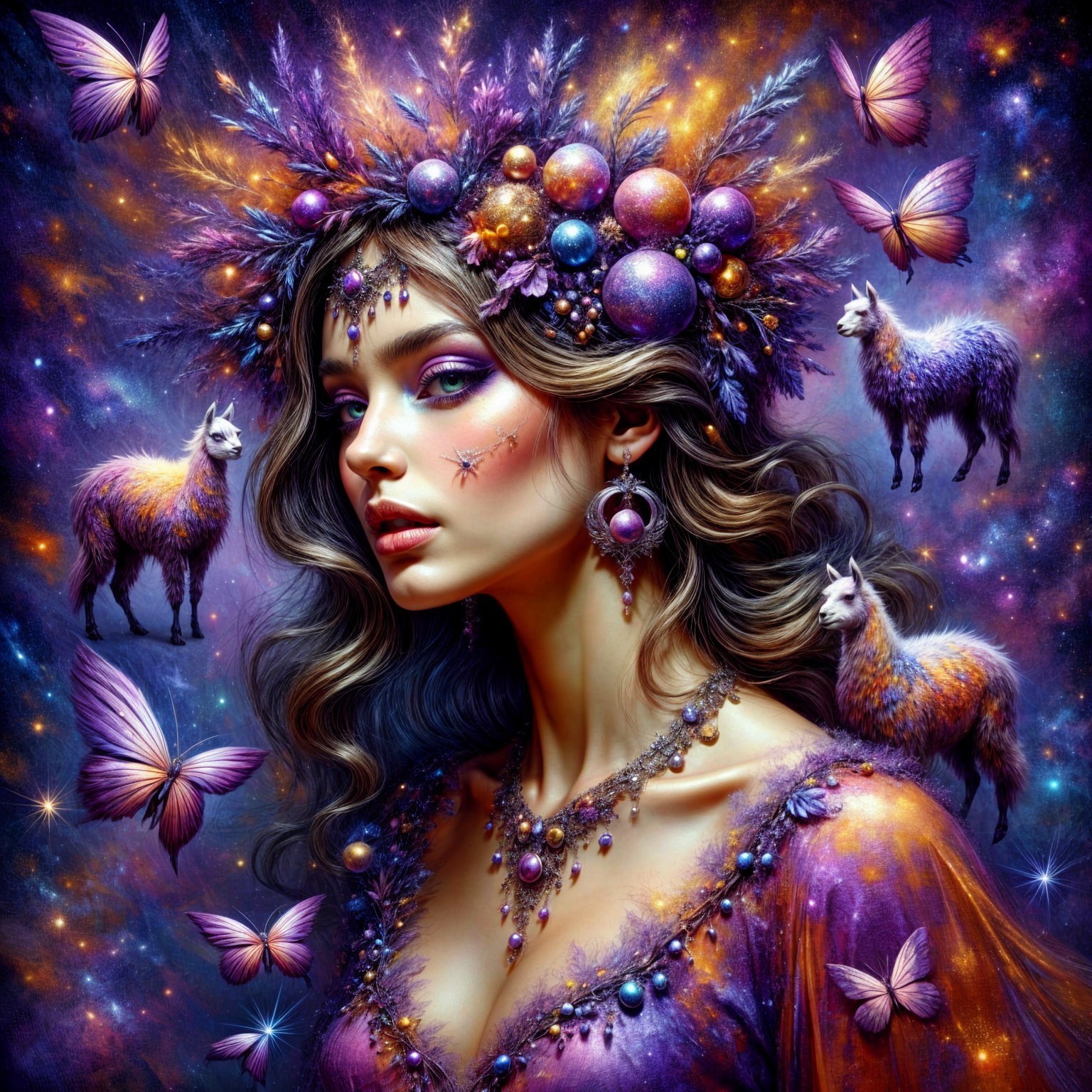 Mystical Woman with Colorful Headdress in Cosmic Scene
