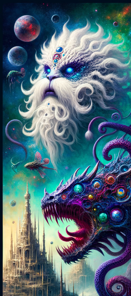 Cosmic Scene with Lion's Head and Serpentine Creature