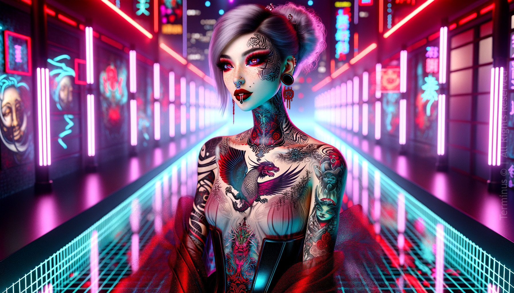 Digital Artwork of a Tattooed Woman in Neon Alleyway