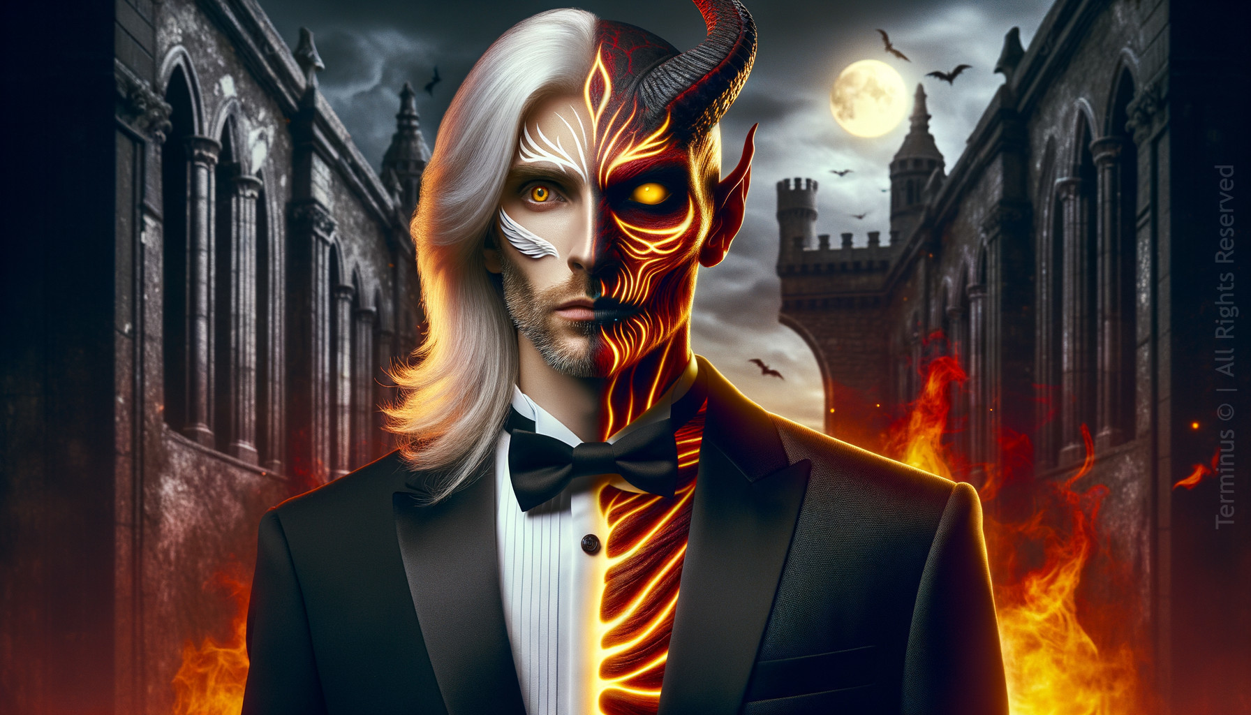 Man in Tuxedo with Split Human and Devilish Features