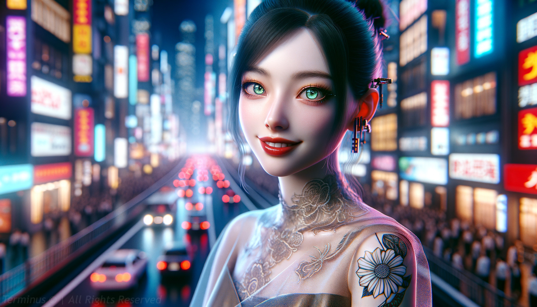 Woman in Neon Cityscape with Floral Tattoos