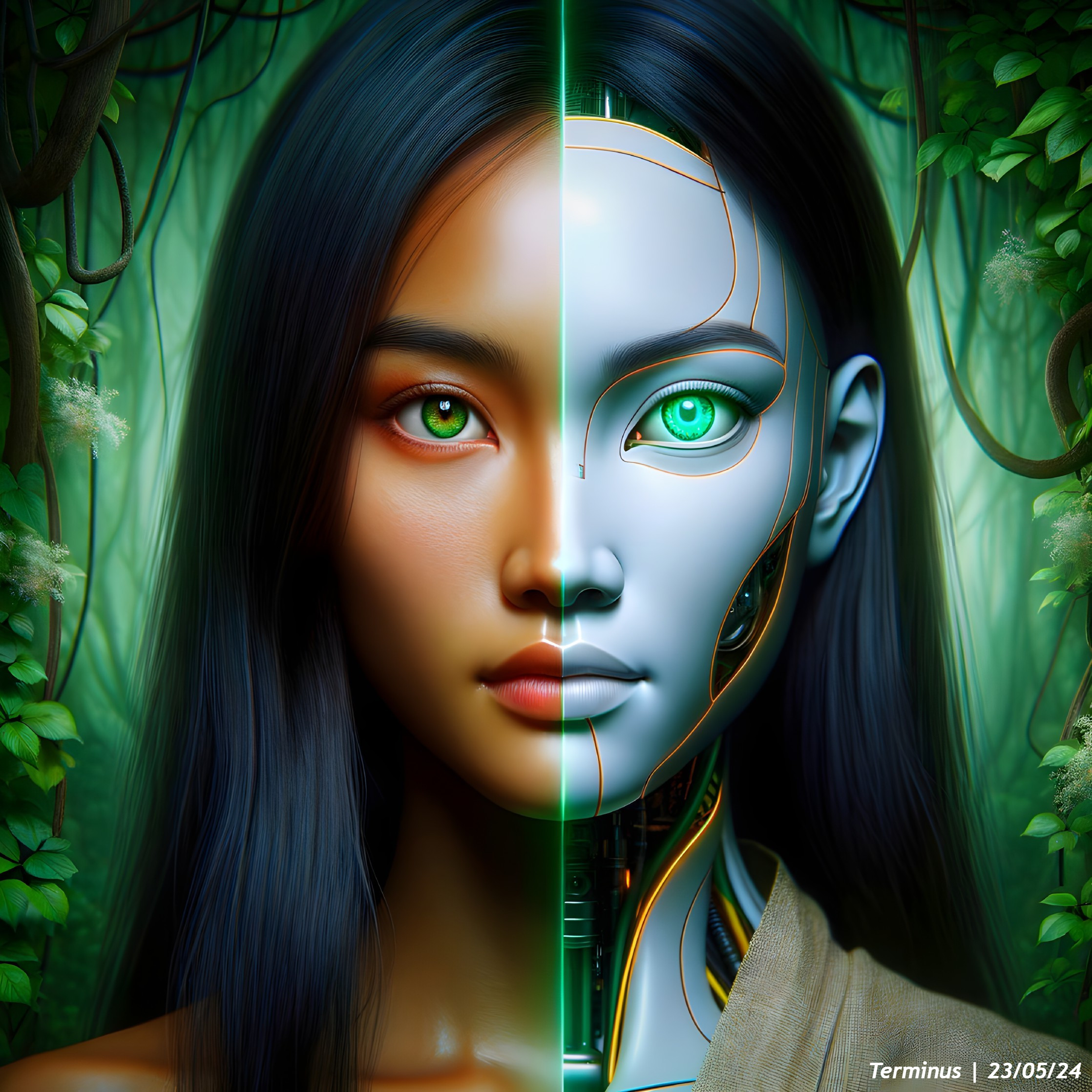 Split Portrait of Woman: Natural and Robotic Design