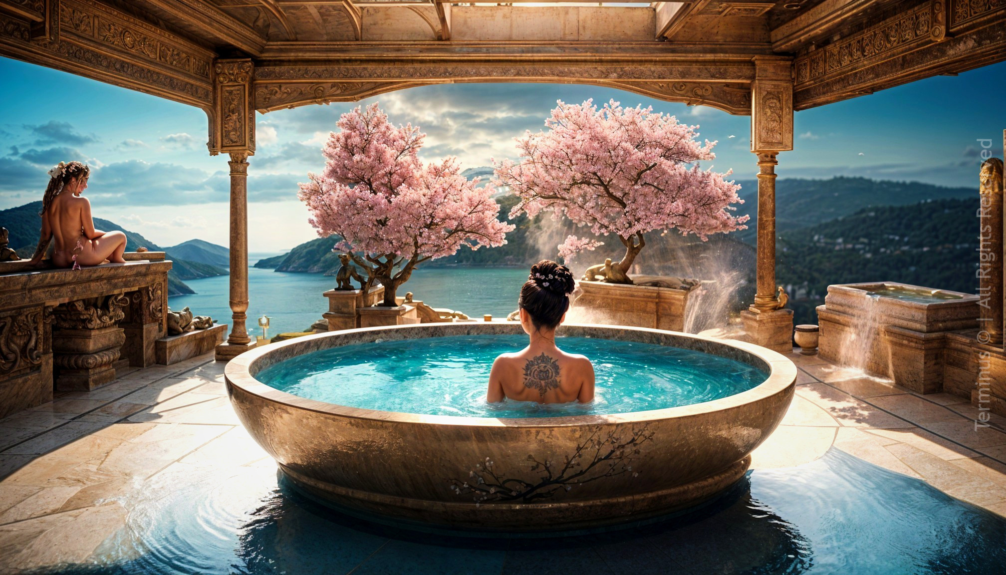 Woman in Circular Stone Bath Surrounded by Nature