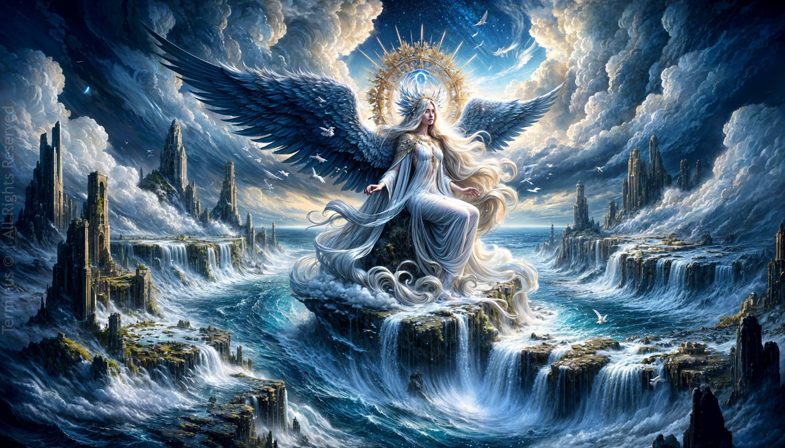 Majestic figure with wings in a tumultuous ocean scene