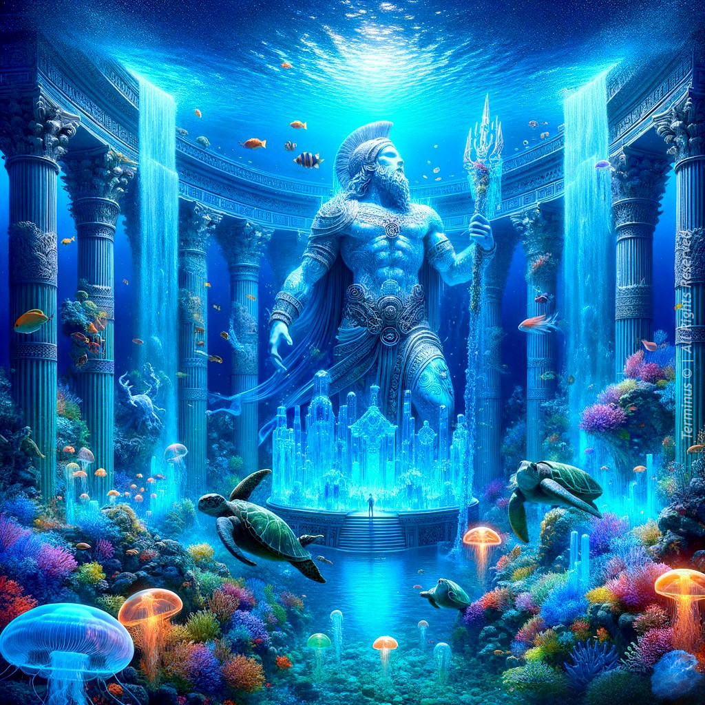 Underwater City with God Statue and Coral Reefs