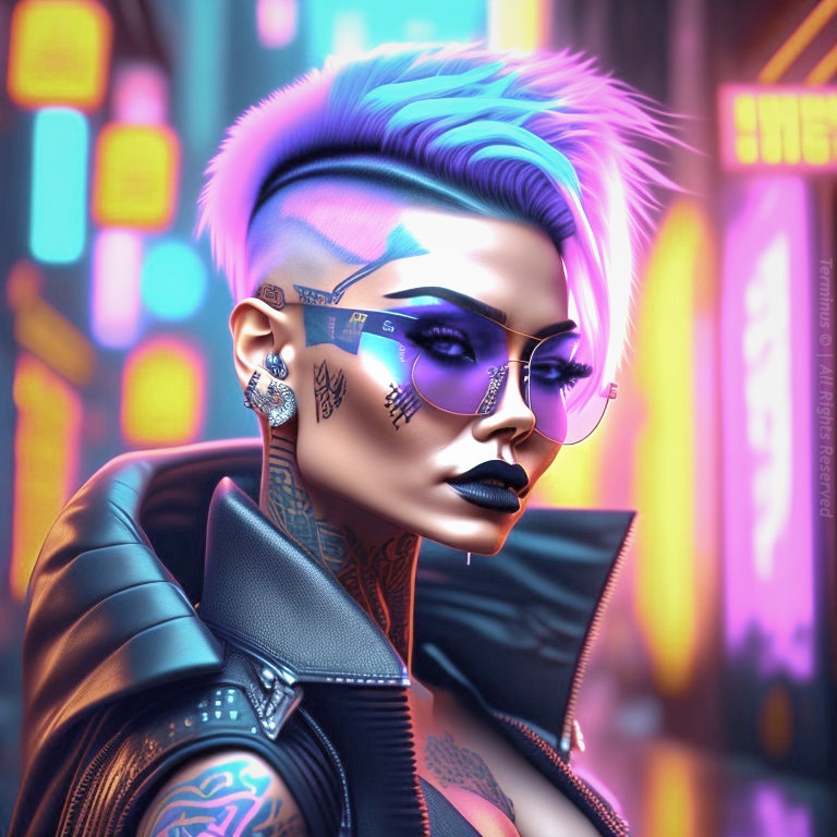 Stylish figure with blue and pink hair in urban setting