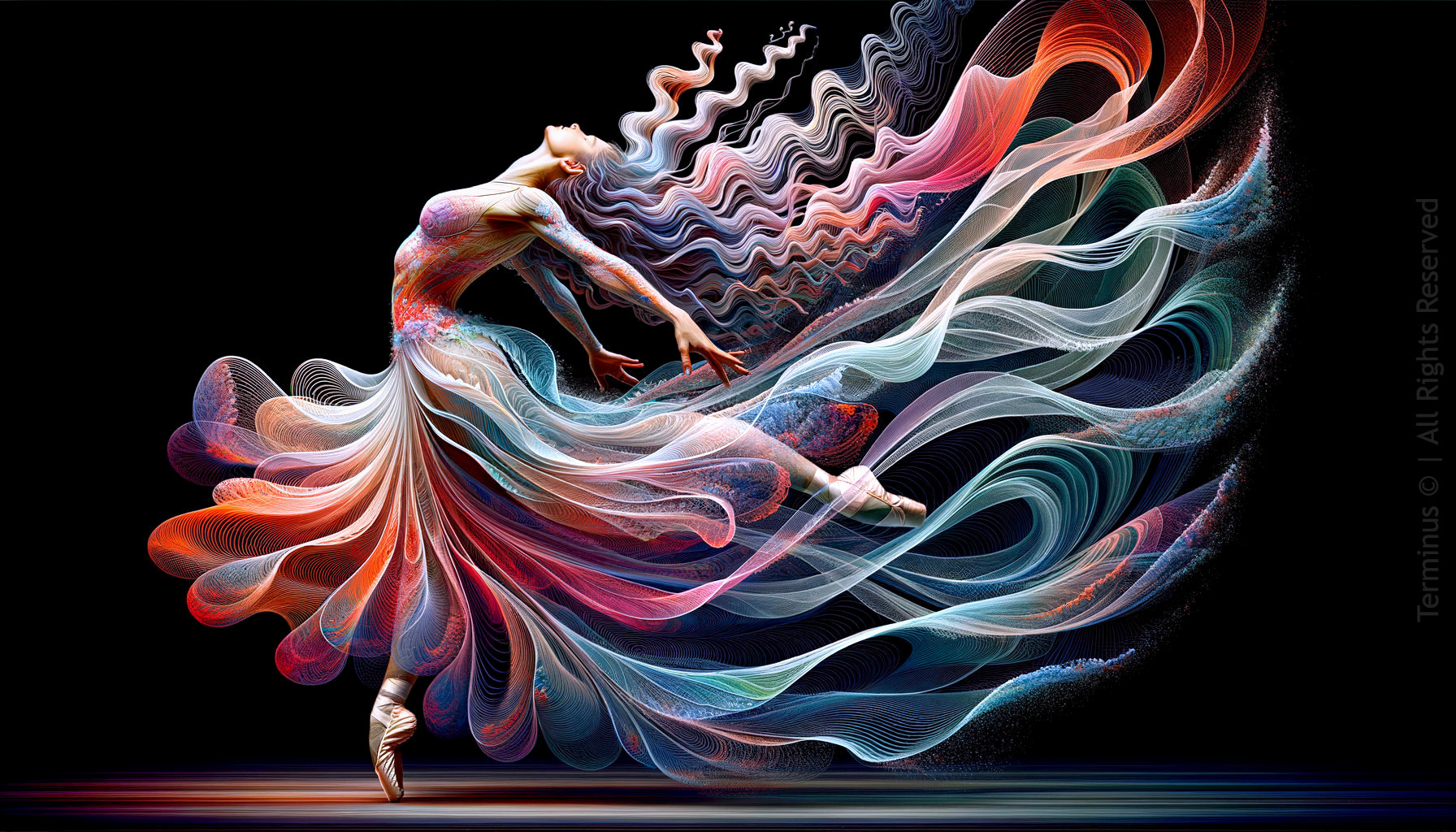 Graceful dancer in colorful flowing dress against dark background