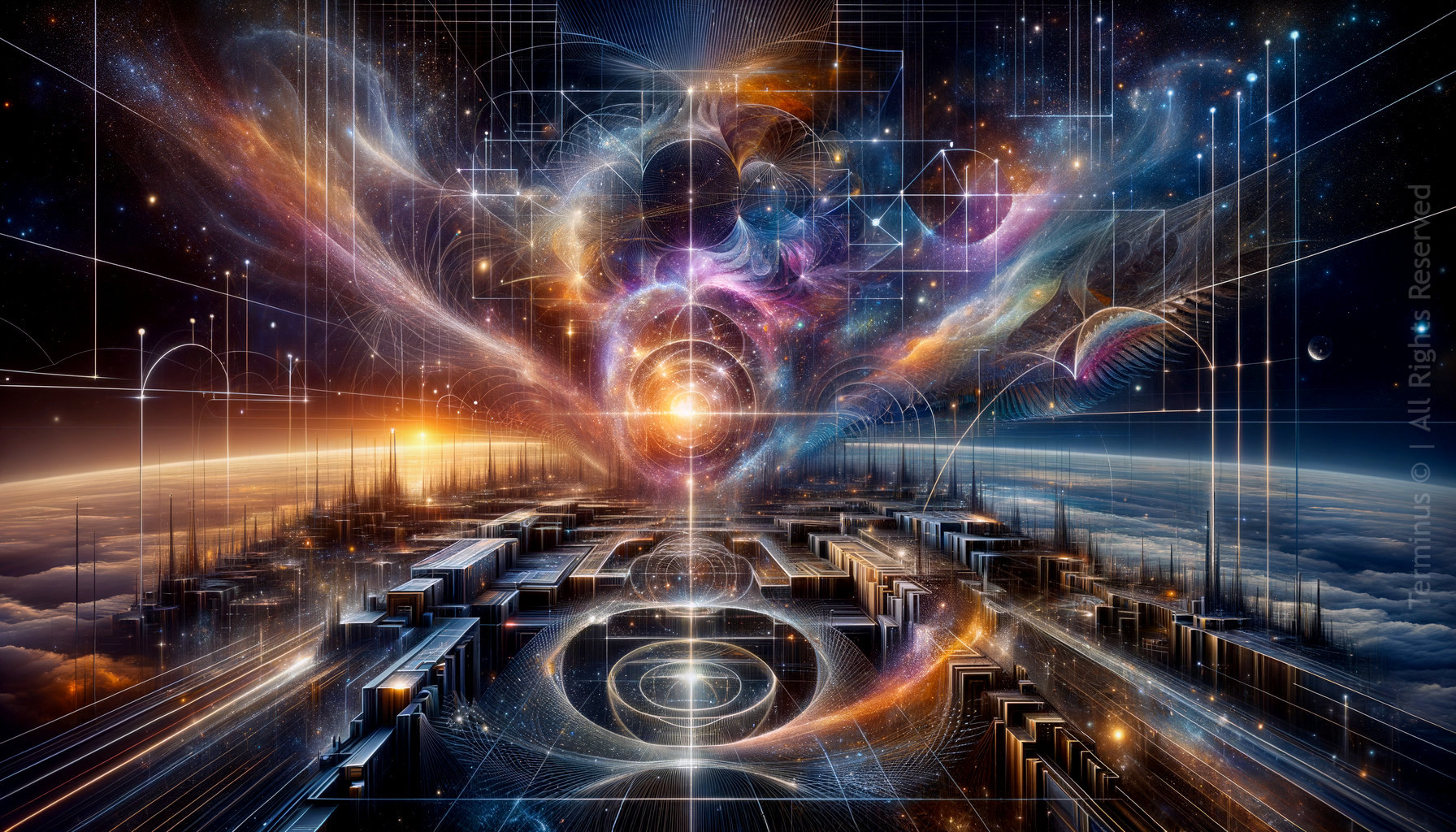 Cosmic Landscape with Futuristic City and Patterns