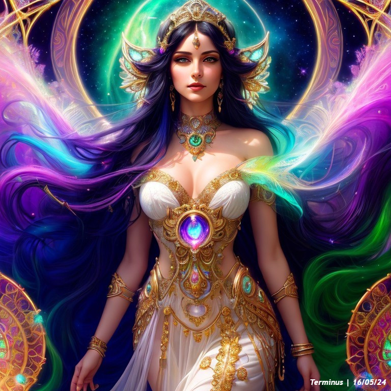Majestic woman in flowing gown amidst vibrant colors