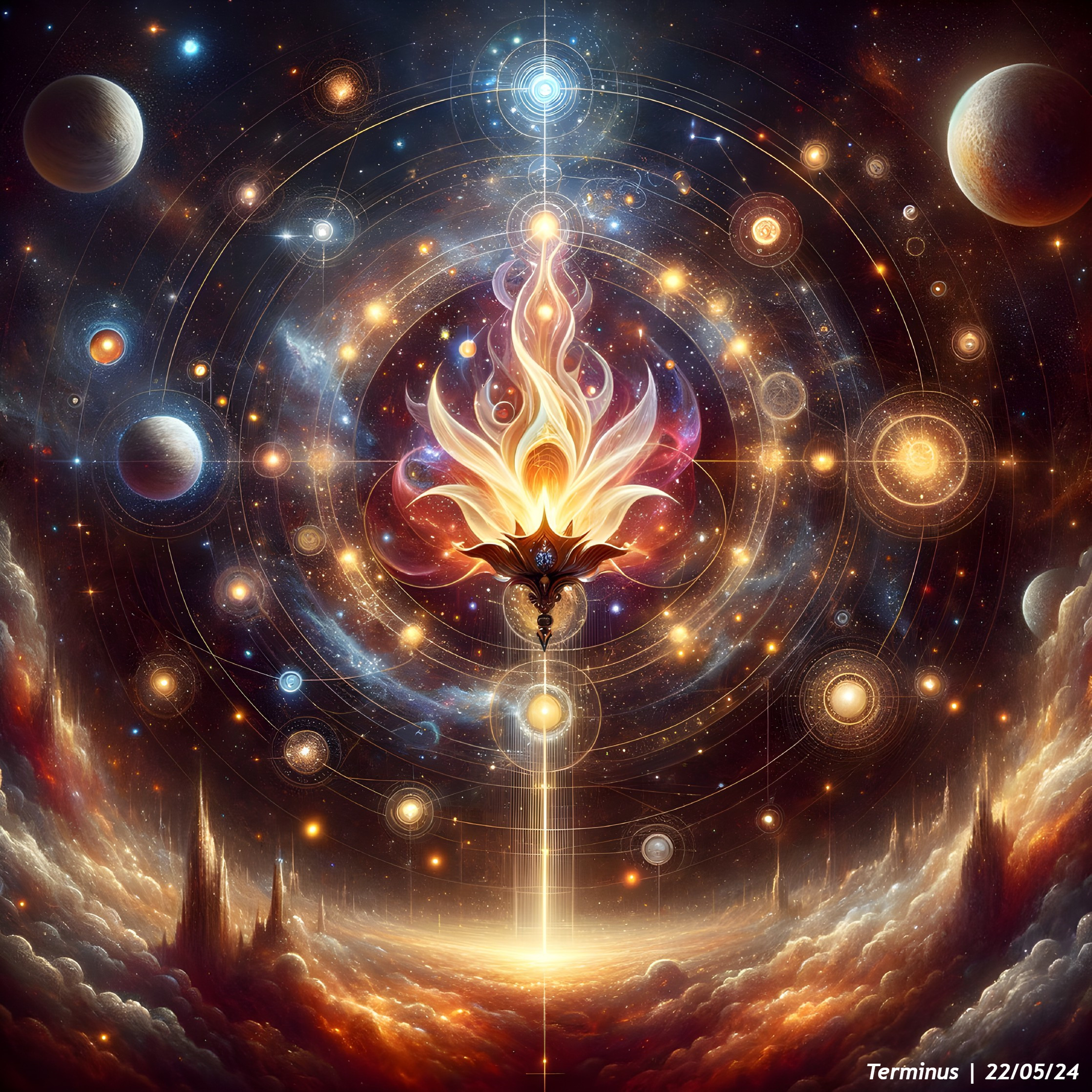 Vibrant Cosmic Scene with Flame Formation and Galaxies