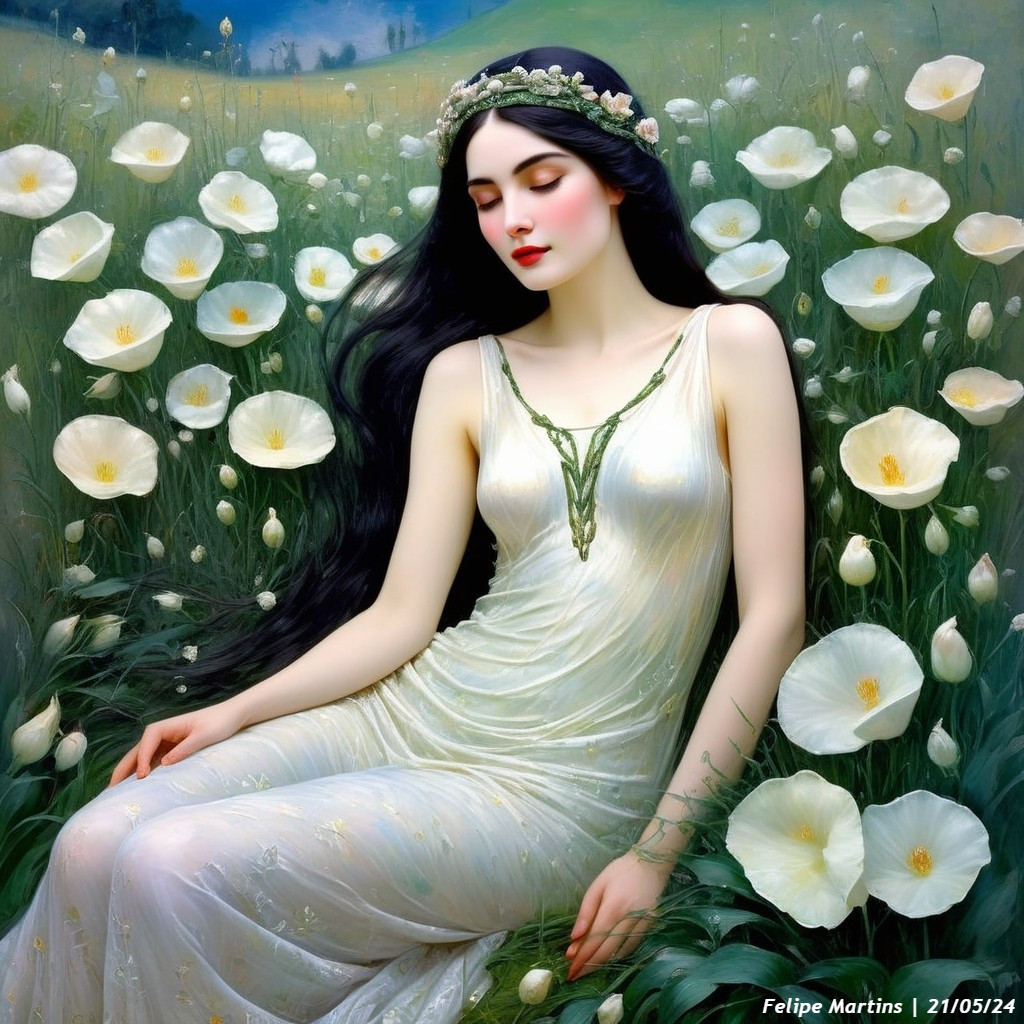 Serene Woman in White Gown Among White Flowers