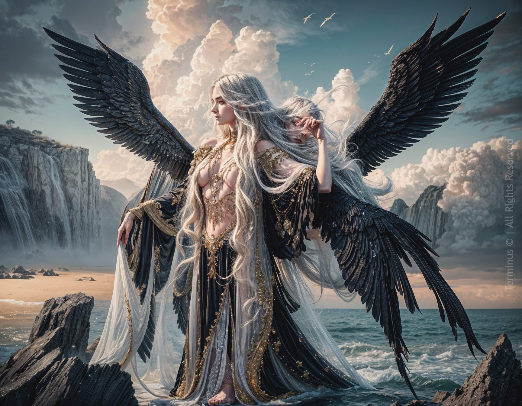 Majestic figure with black wings on rocky shores