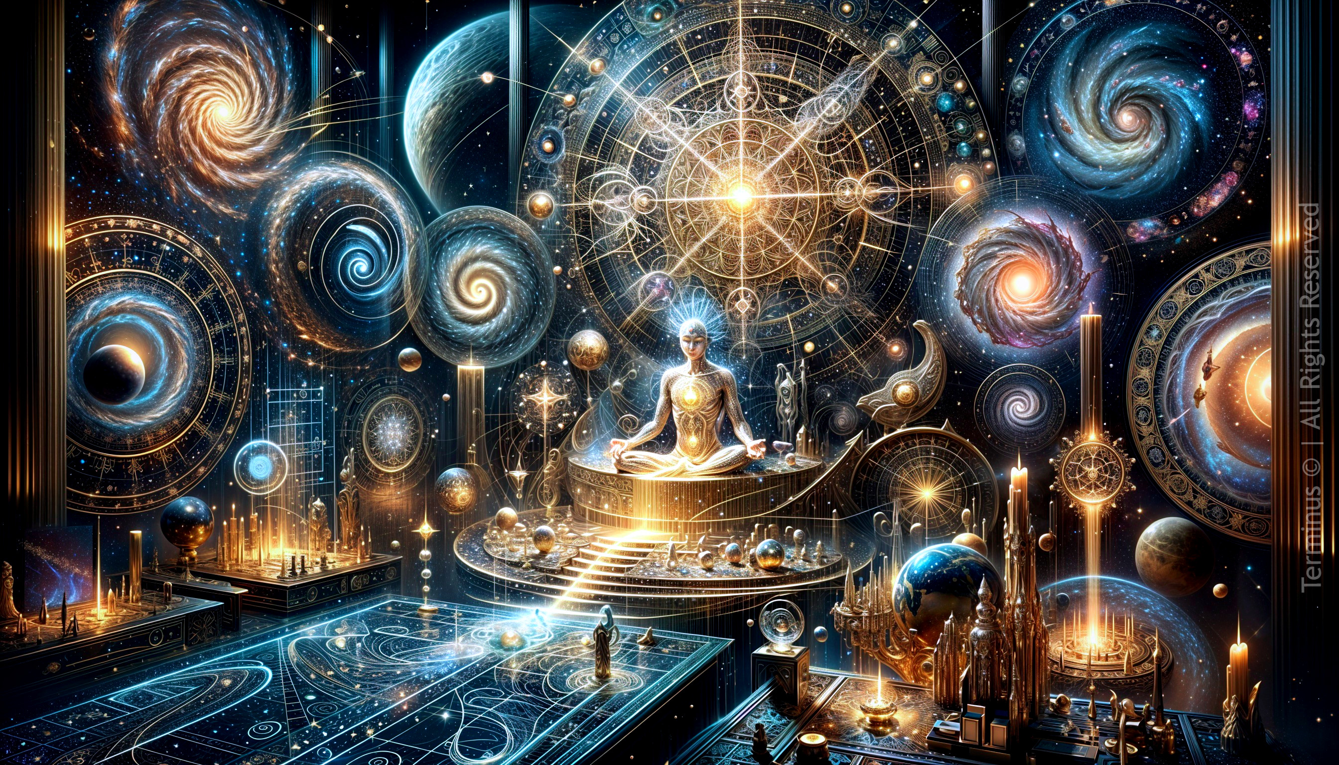 Cosmic Scene with Galaxies and Meditating Figure