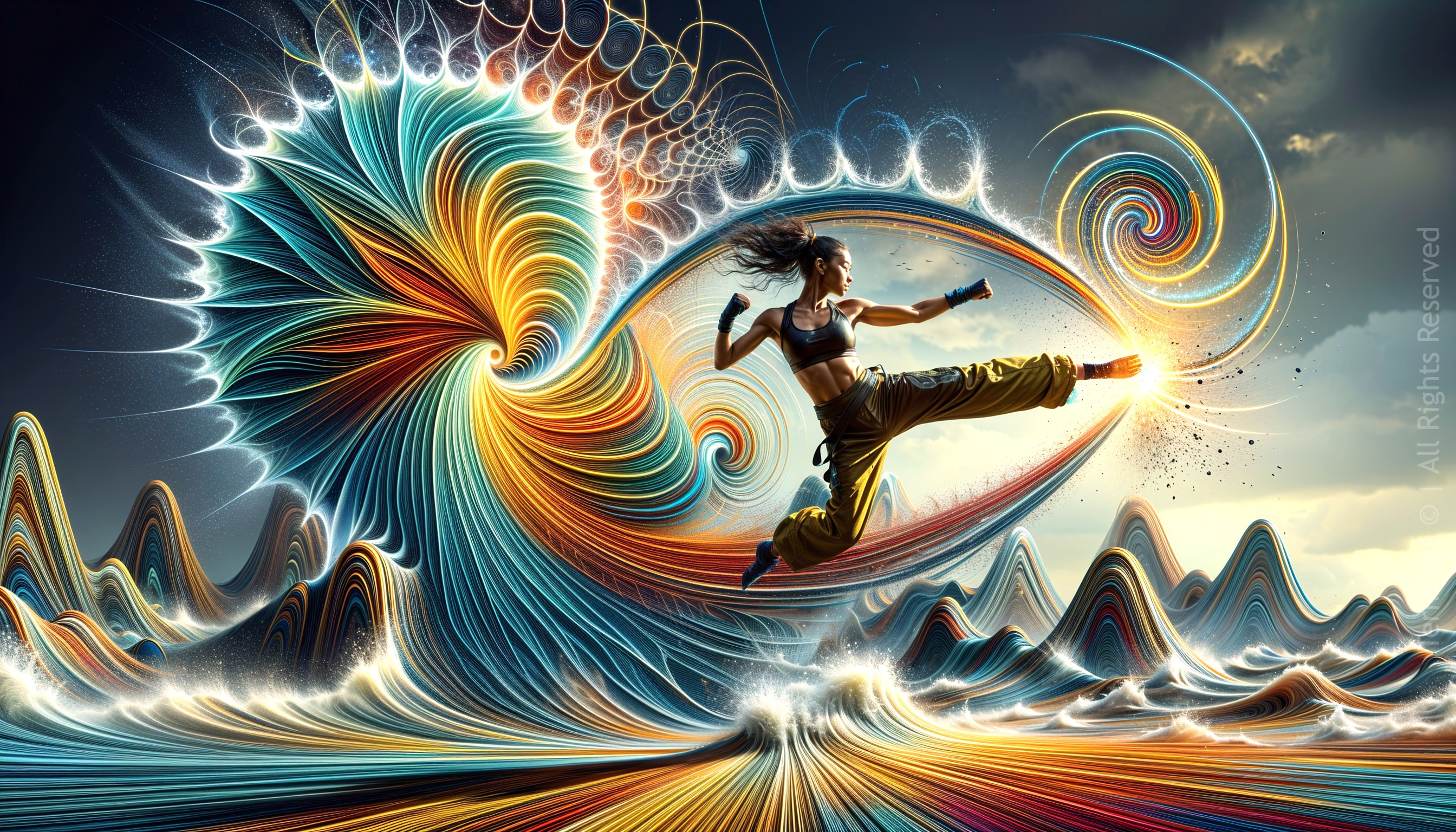 Martial Arts Kick Amidst Colorful Fractal Patterns