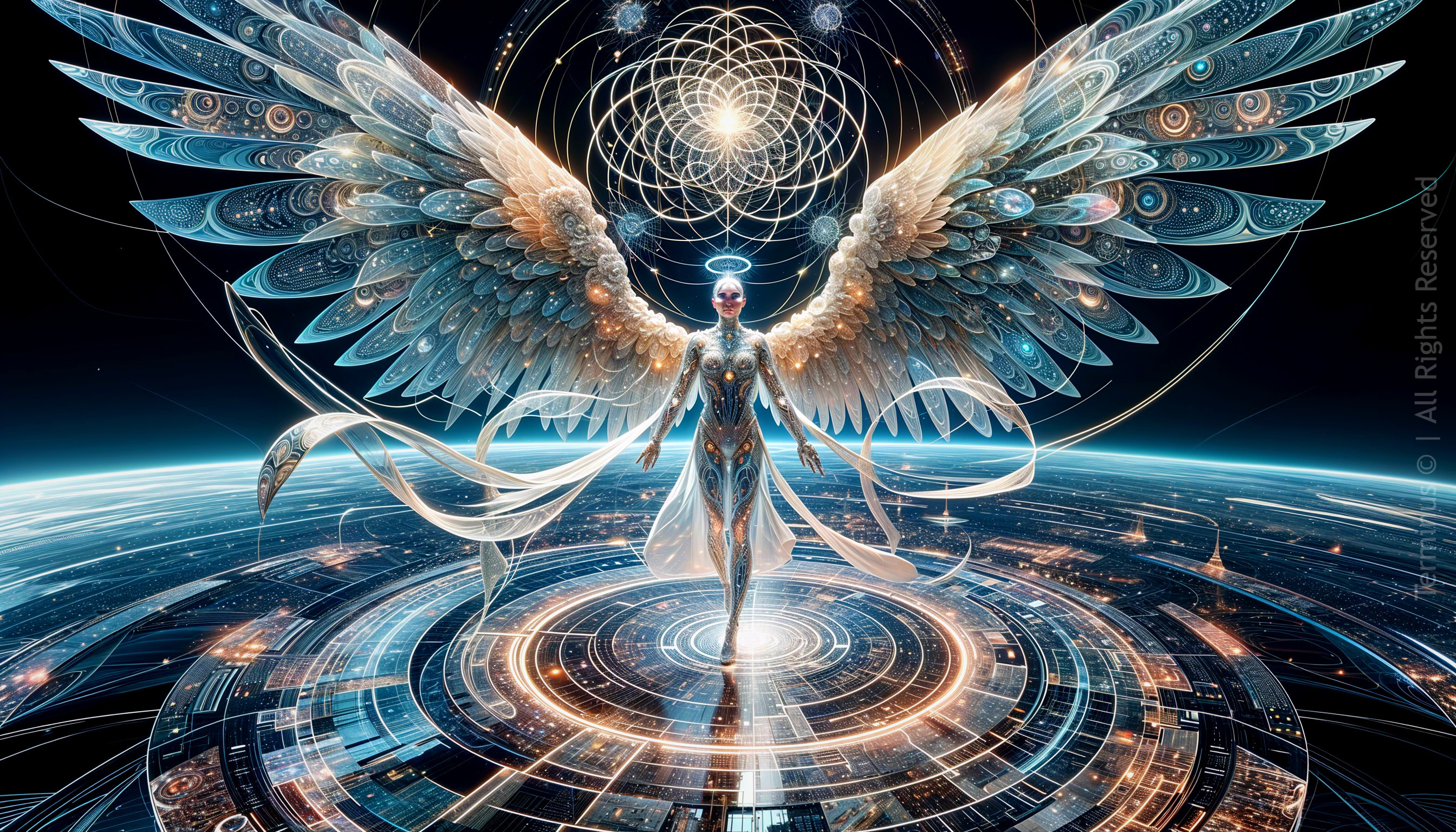 Celestial Figure with Iridescent Wings on Glowing Platform