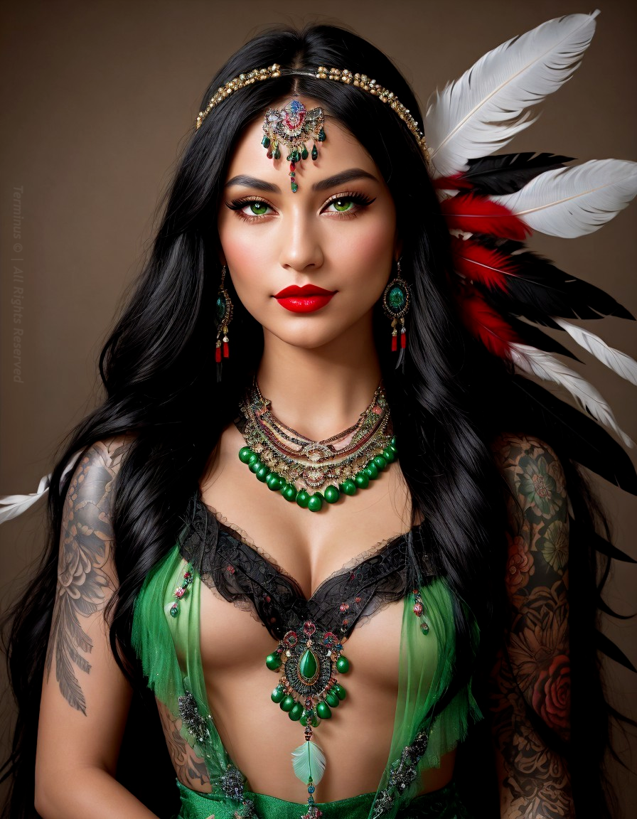 Portrait of a woman with vibrant jewelry and tattoos