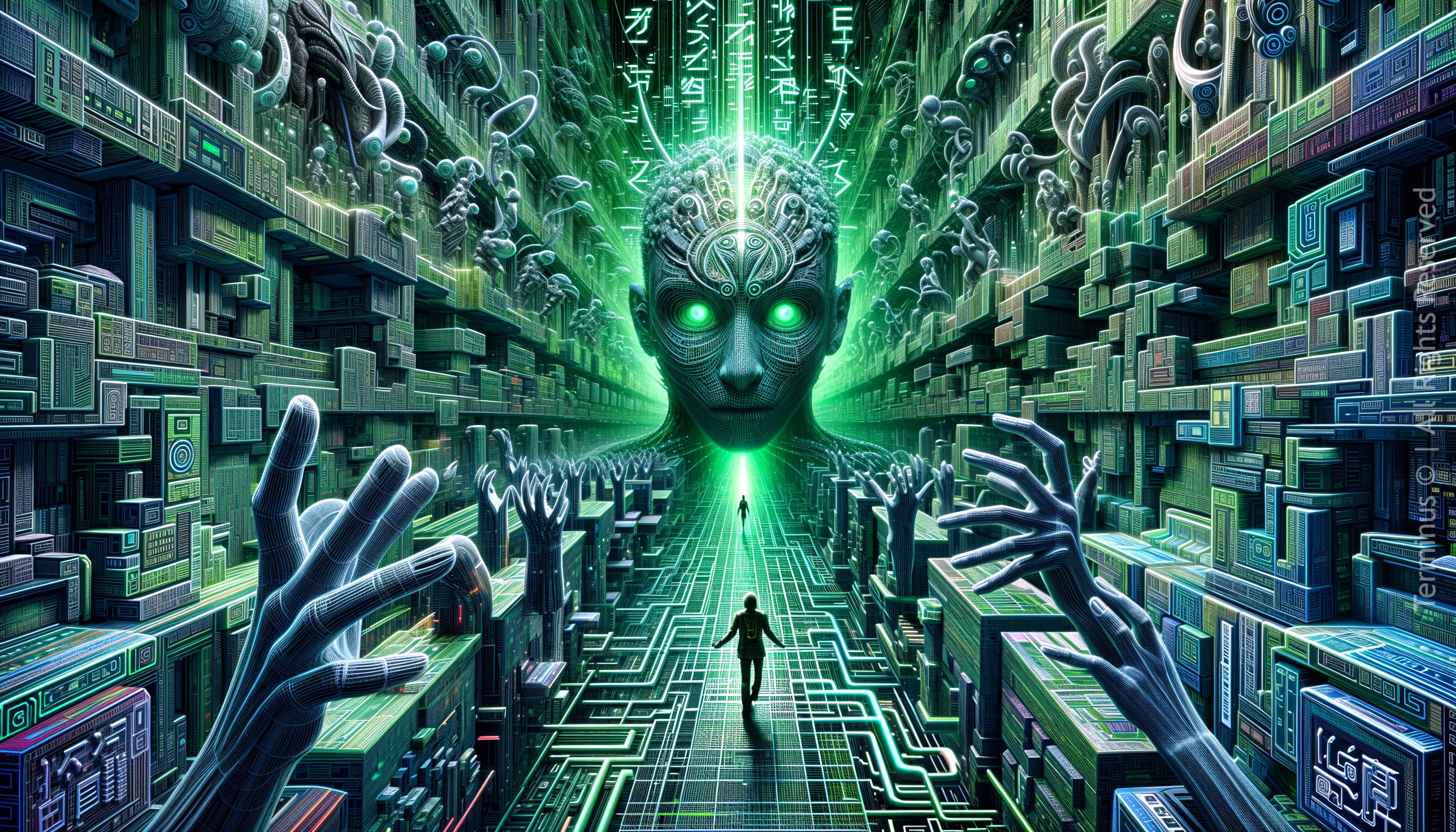 Futuristic scene with abstract humanoid face and landscapes