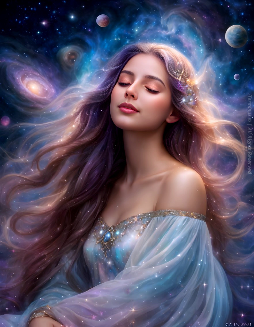 Serene Woman in Cosmic Backdrop with Ethereal Gown