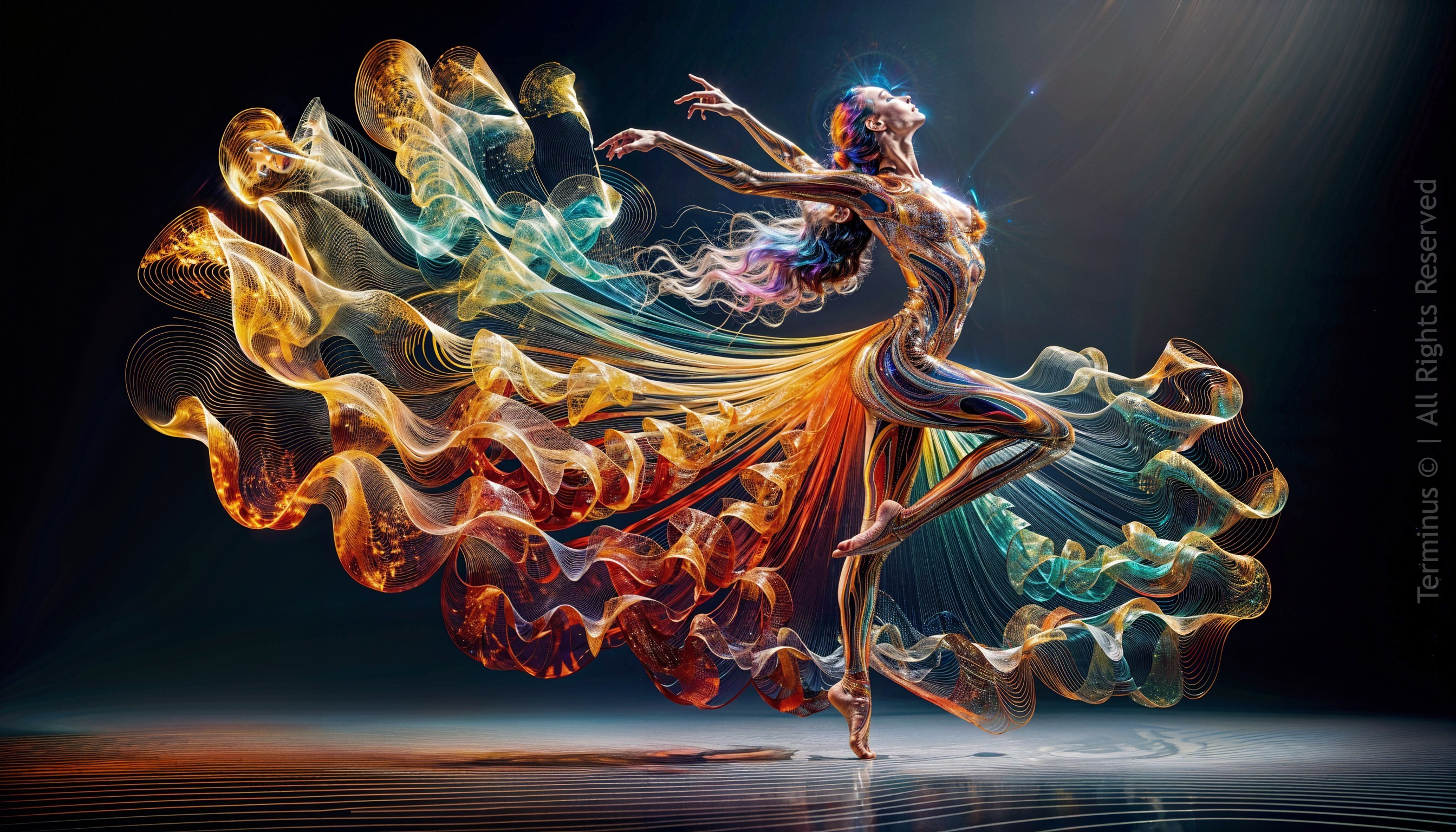 Vibrant Dancer Surrounded by Colorful Patterns