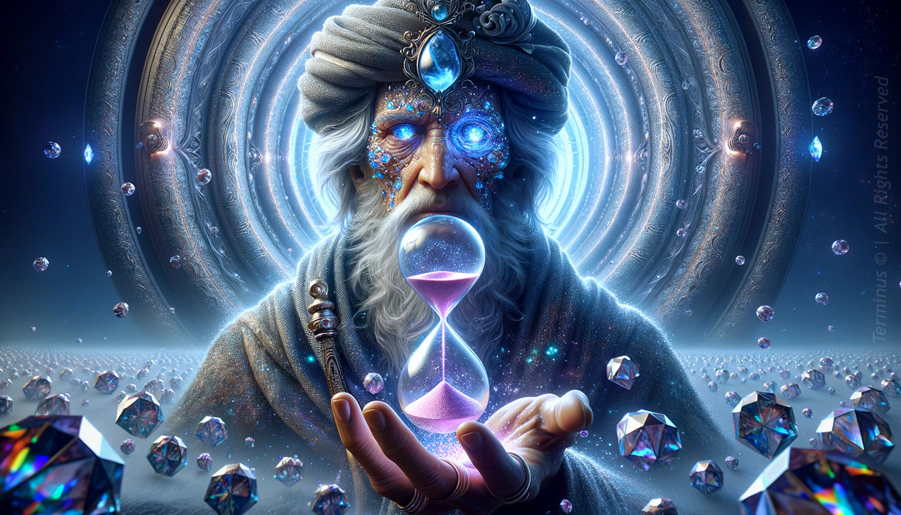 Ethereal figure with hourglass amid mystical backdrop