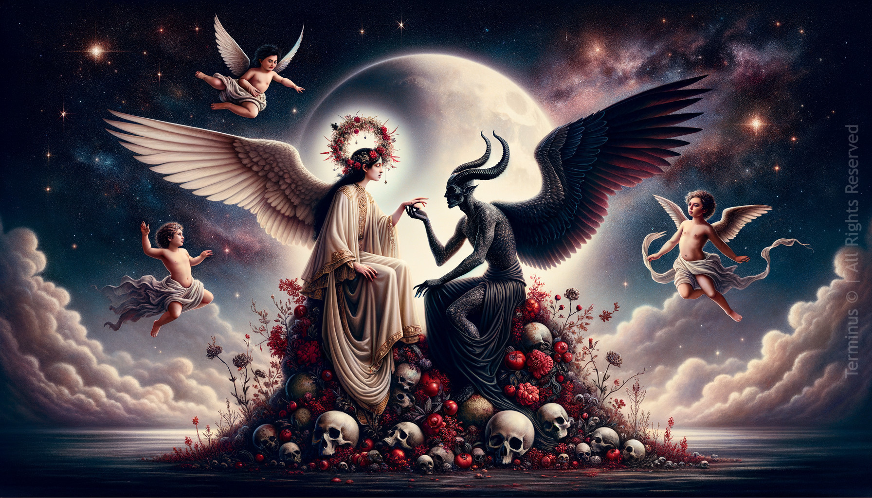 Angelic and Demonic Figures Amidst Skulls and Flowers