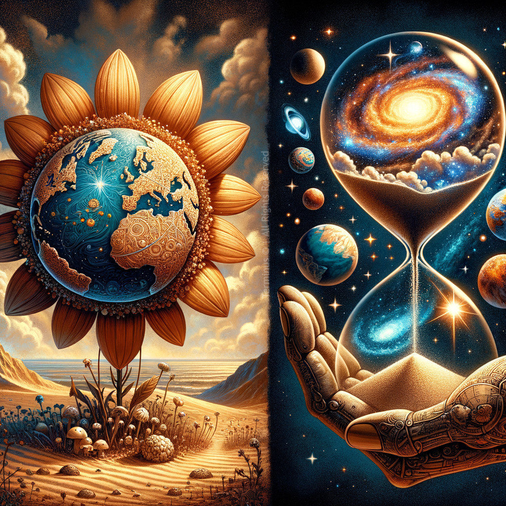 Surreal Landscape with Giant Sunflower and Cosmic Hourglass