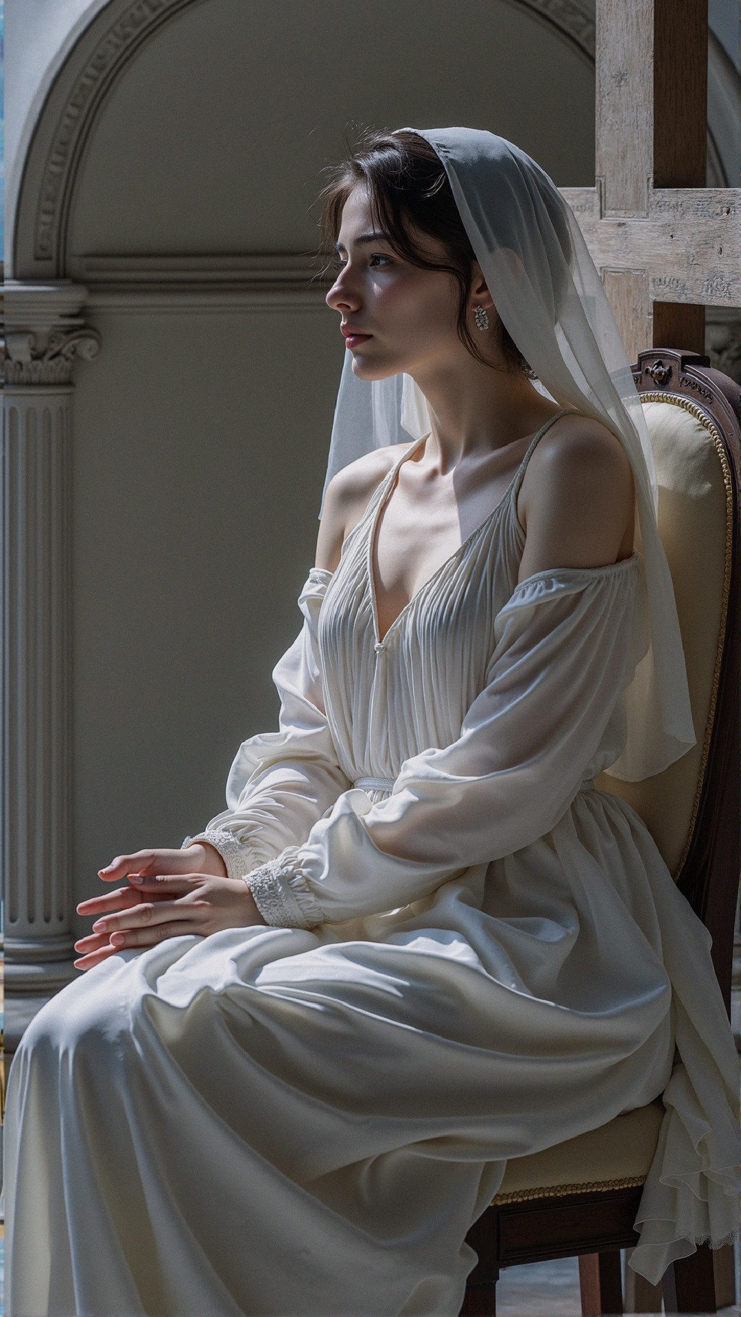 Young woman in flowing white dress on vintage chair