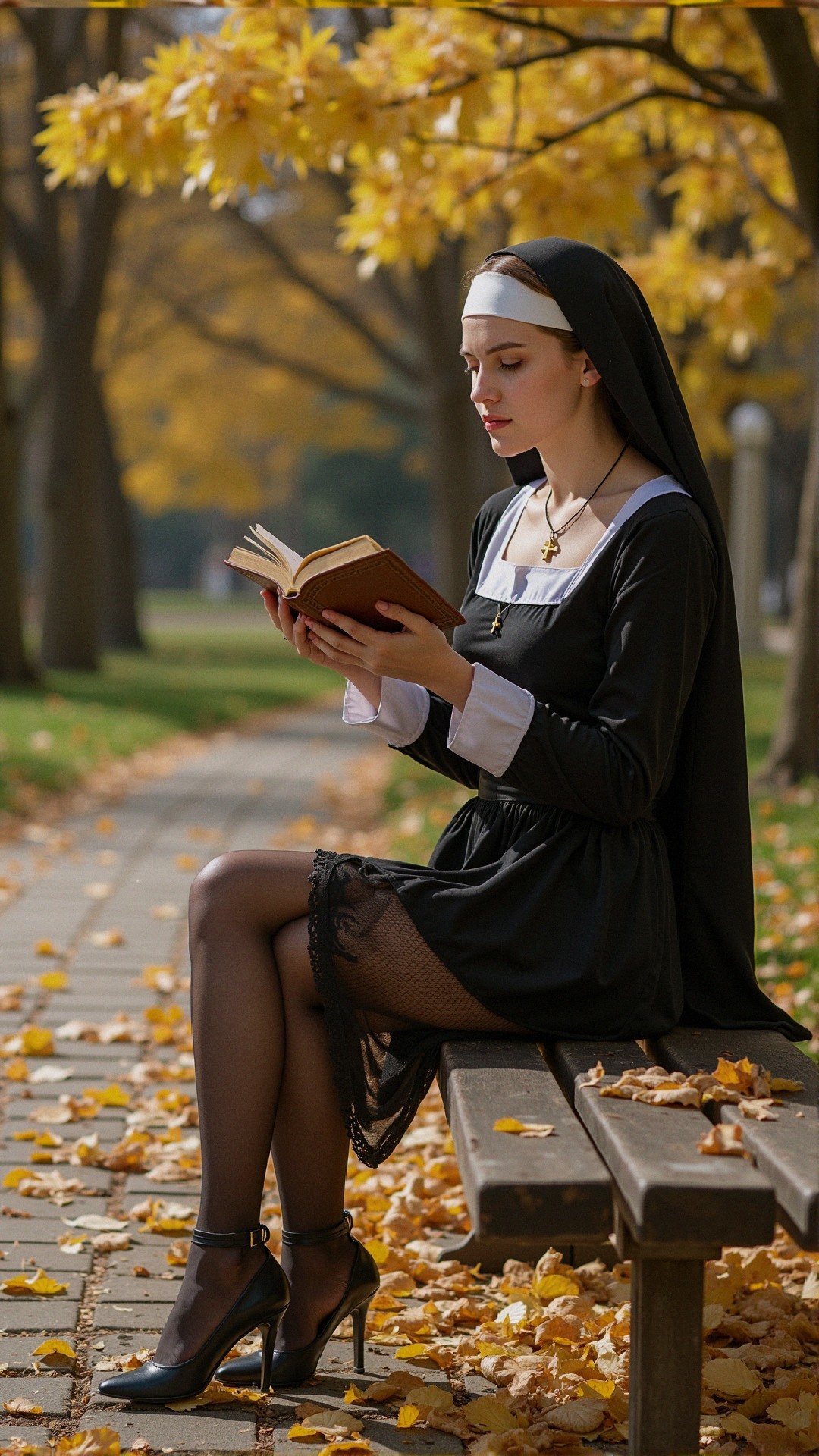 Young Woman in Nun Outfit Reading in Autumn Park