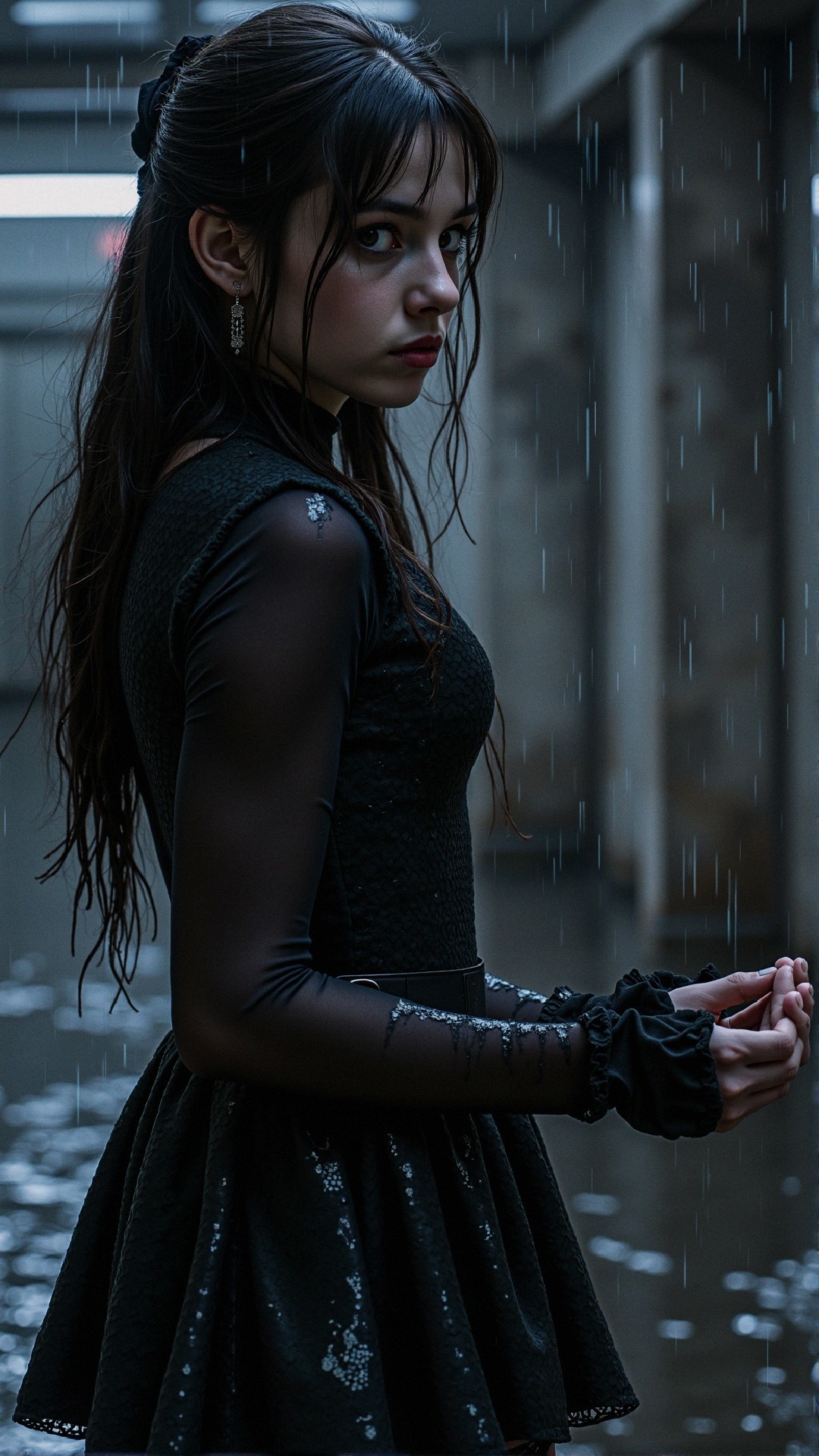 Young Woman in Black Dress in Dimly Lit Corridor
