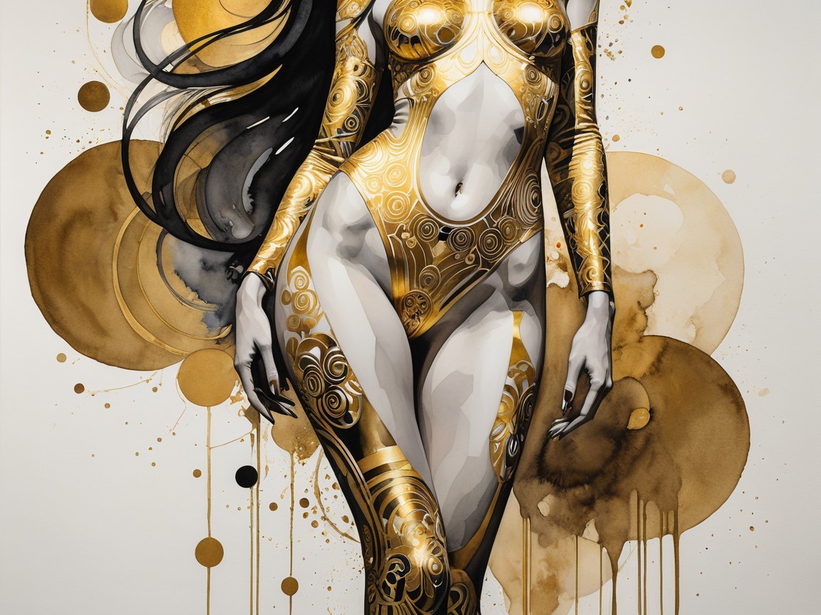 Golden Bodysuit Figure Against Abstract Golden Background