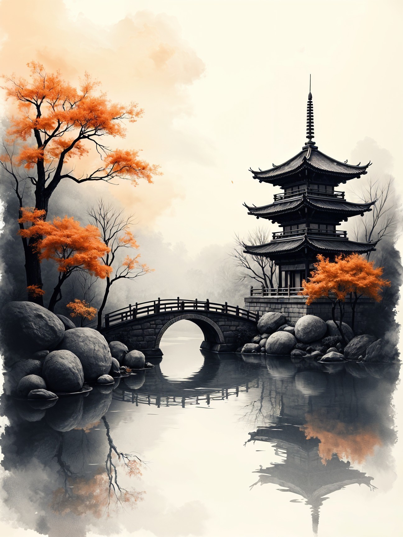 Black-and-White Landscape with Pagoda and Autumn Trees
