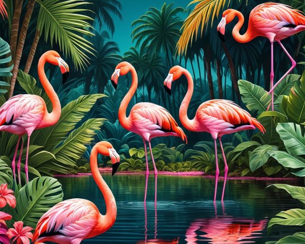Tropical Scene with Flamingos in Serene Pond