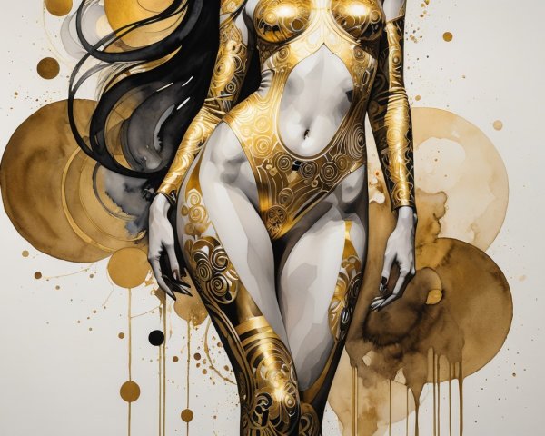 Golden Bodysuit Figure Against Abstract Golden Background