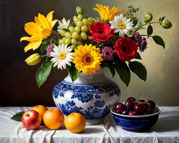 Vibrant Still Life with Flowers and Fresh Fruits