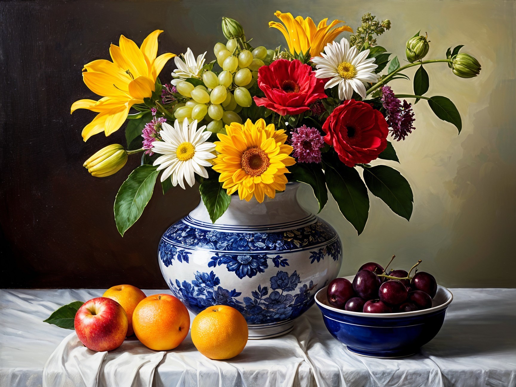 Vibrant Still Life with Flowers and Fresh Fruits