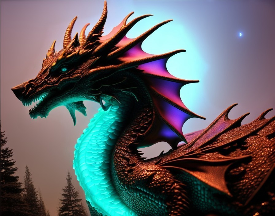 Majestic dragon with shimmering scales in misty setting
