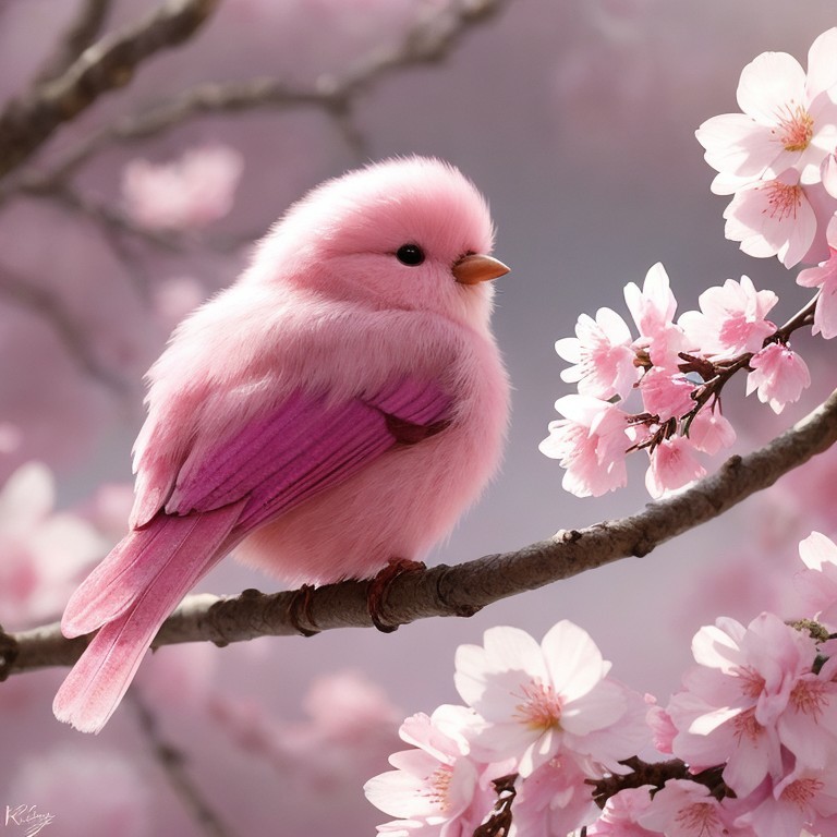 Fluffy Pink Bird on Cherry Blossom Branch