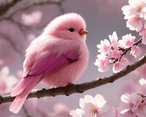 Fluffy Pink Bird on Cherry Blossom Branch