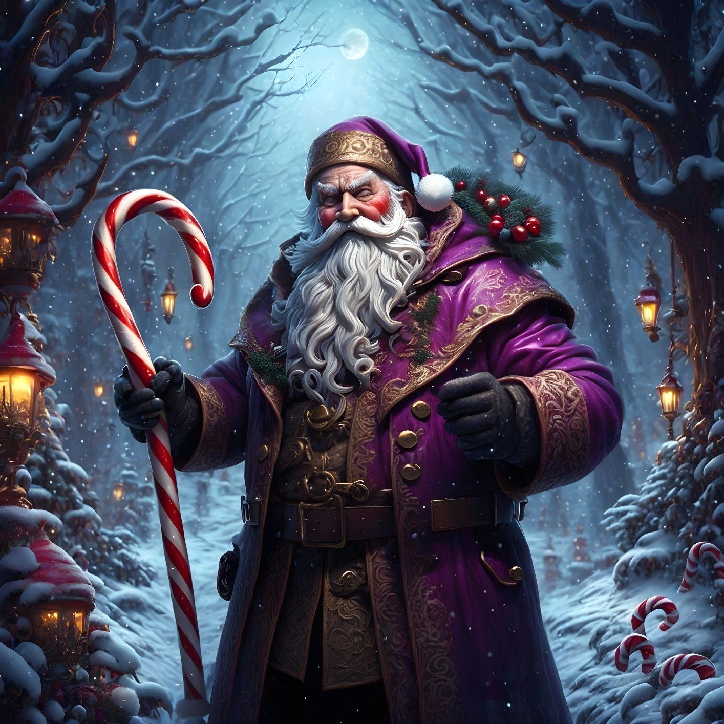 Majestic Santa Claus in a snowy winter wonderland