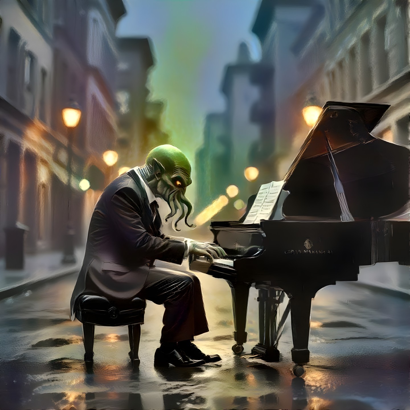 Tentacled Creature Playing Piano on Foggy Street