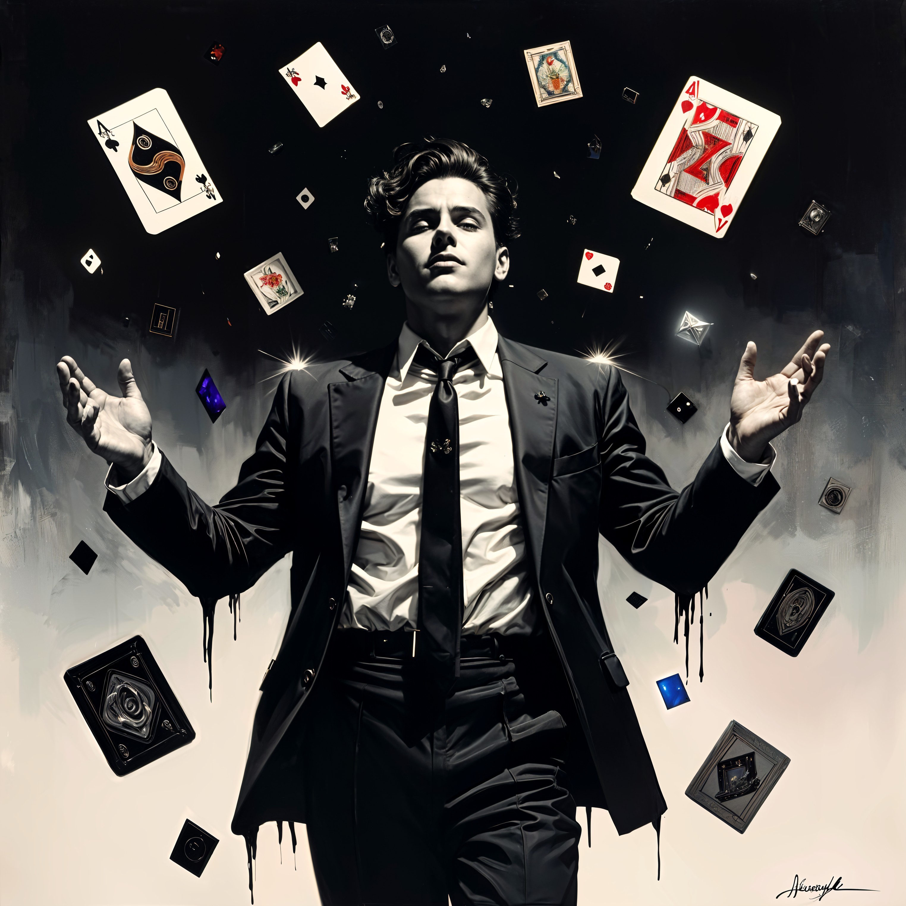 Charismatic Figure in Black Suit with Floating Cards