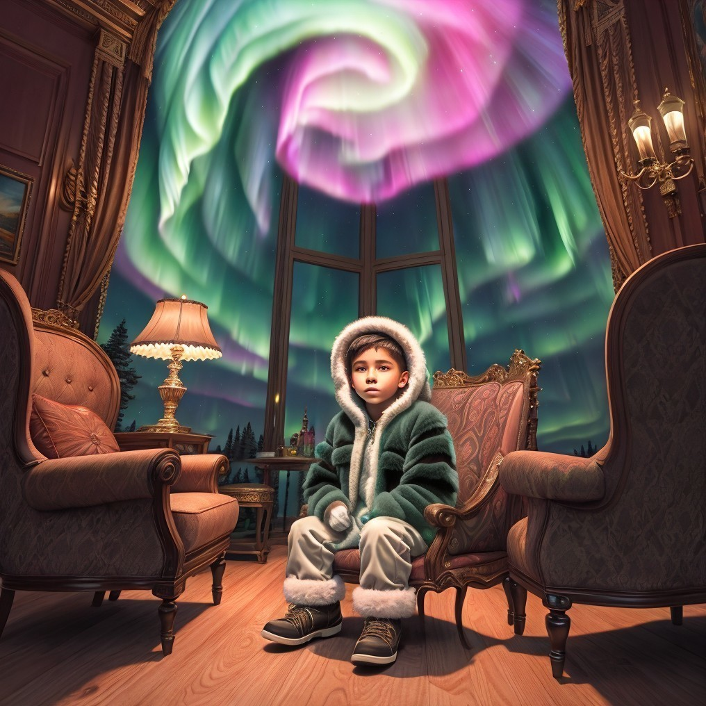 Cozy Room with Boy and Vibrant Northern Lights