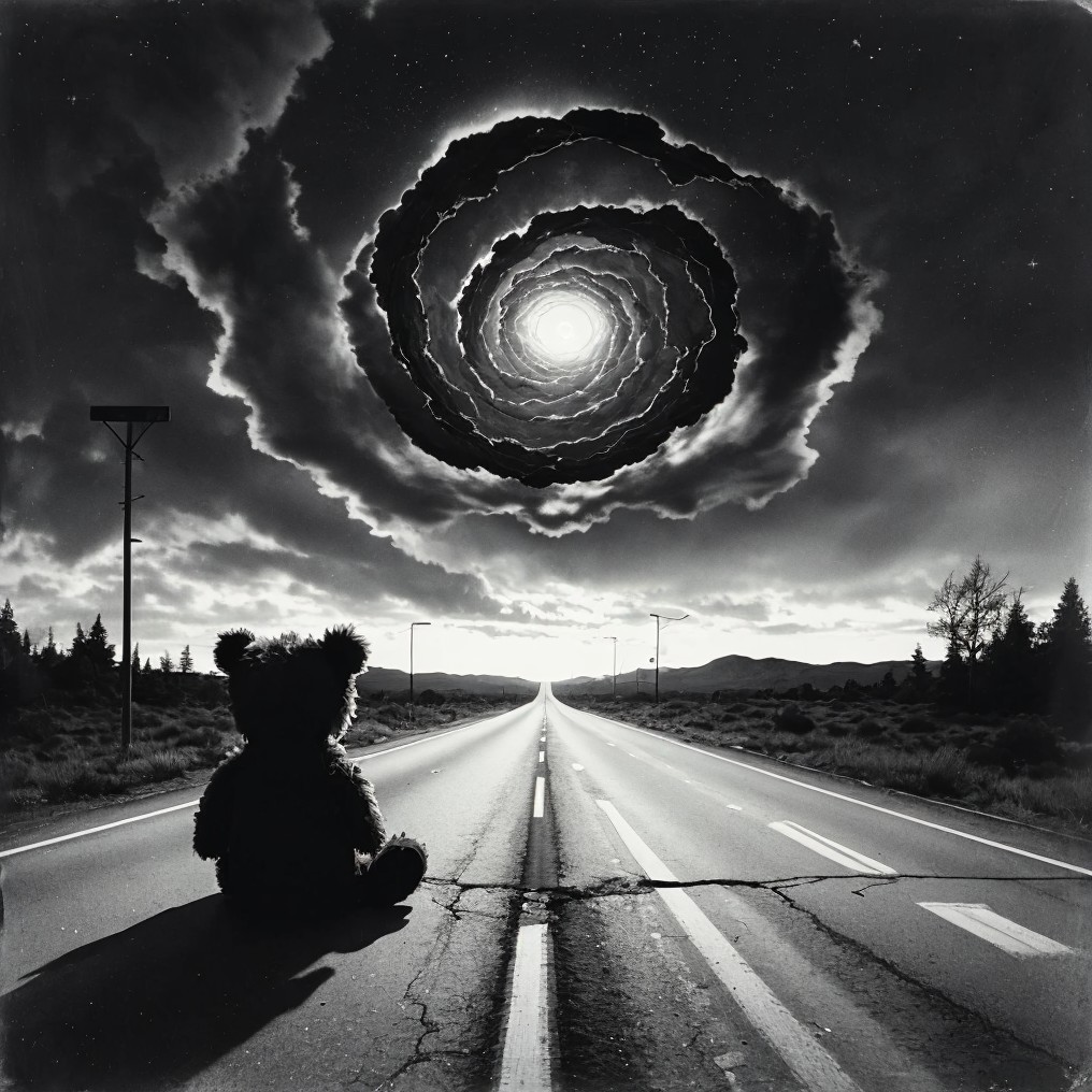 Teddy Bear on Deserted Road Under Swirling Clouds