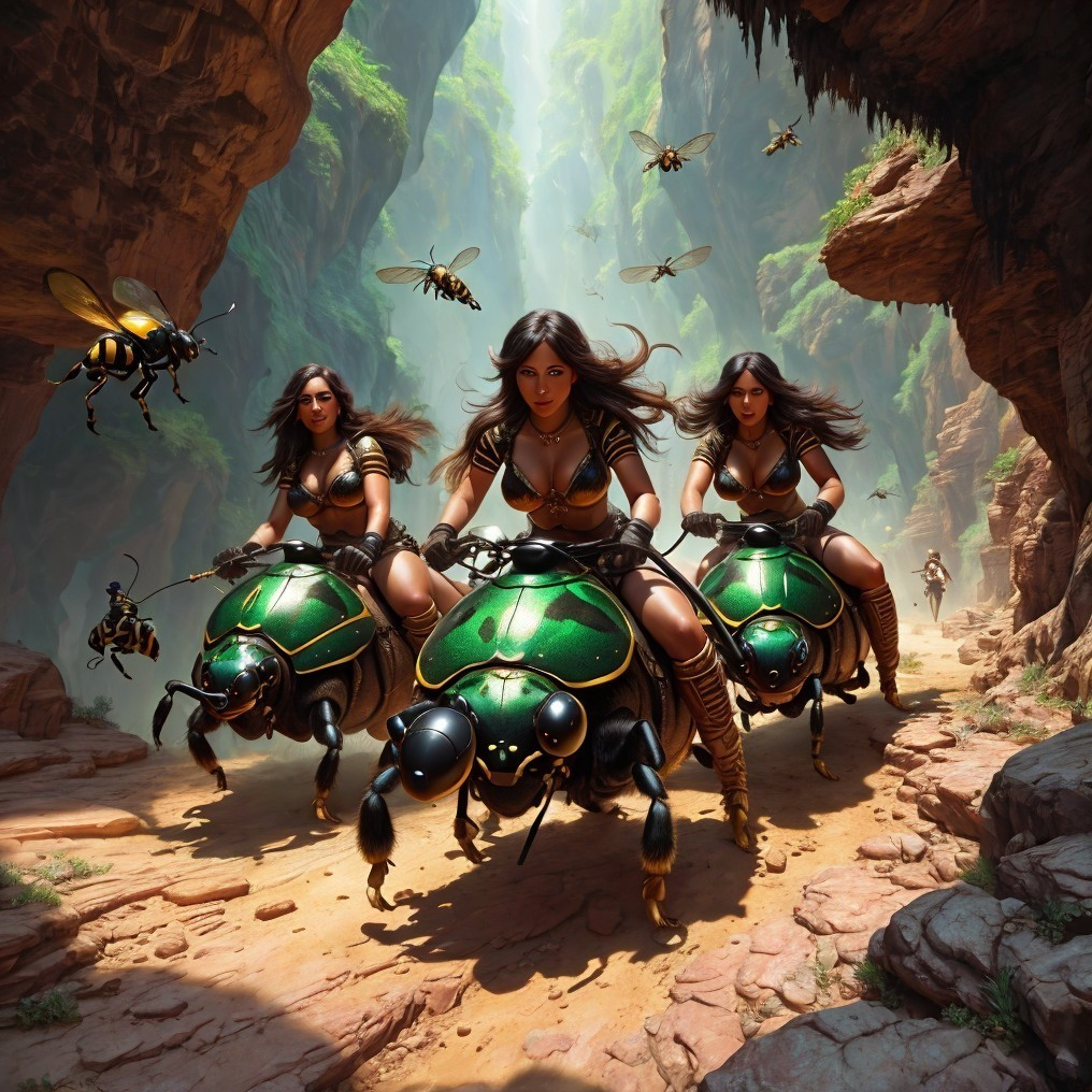 Warriors on Beetles in a Vibrant Canyon Scene
