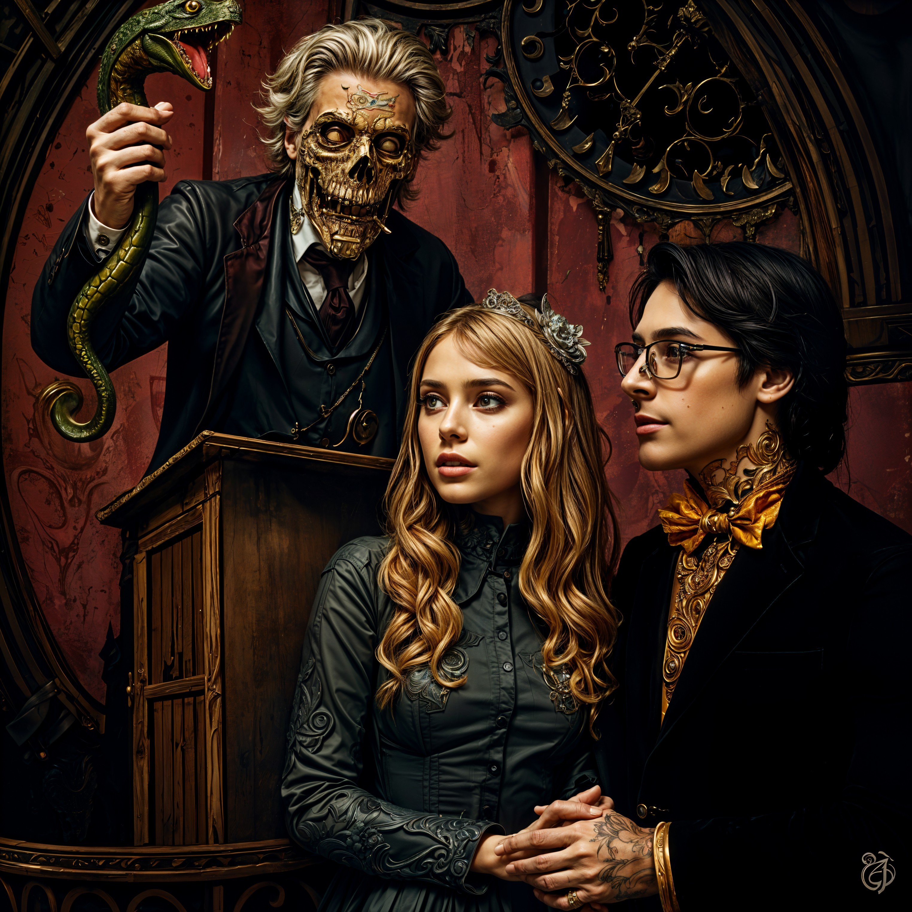 Skeletal Figure with Snake in Ornate Dim Setting