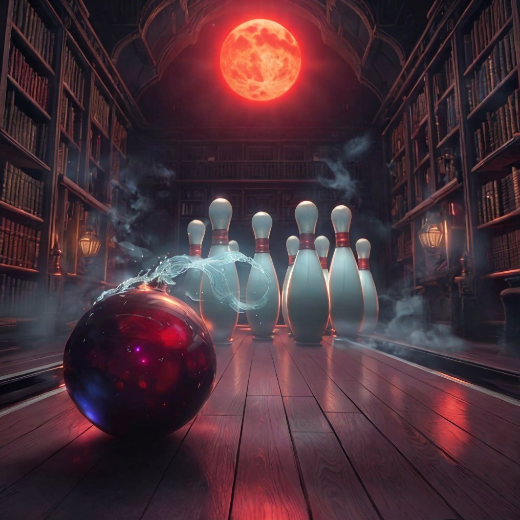 Cosmic Bowling Ball Scene in Dim Library with Moonlight