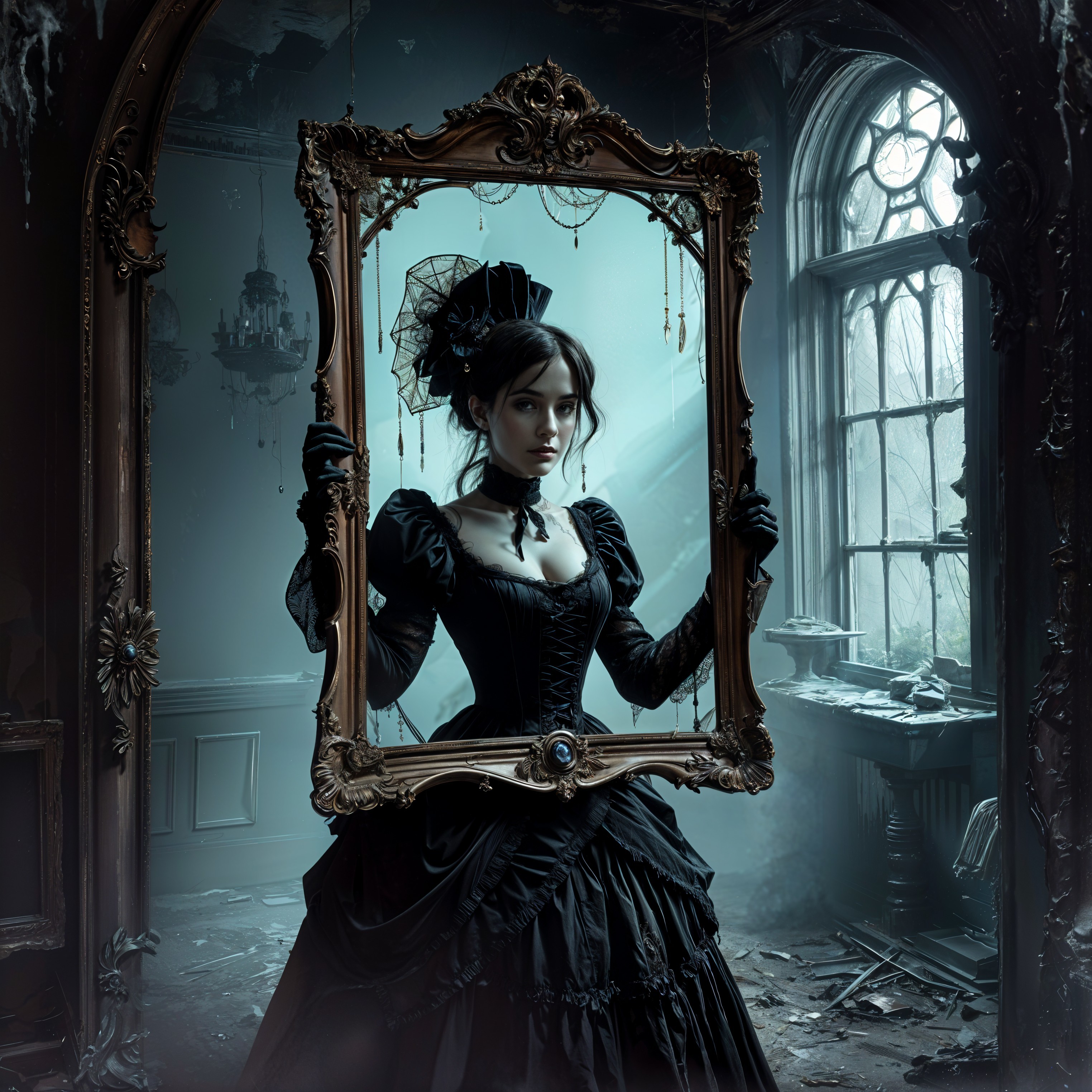 Mysterious Woman in Elegant Gown in Vintage Frame