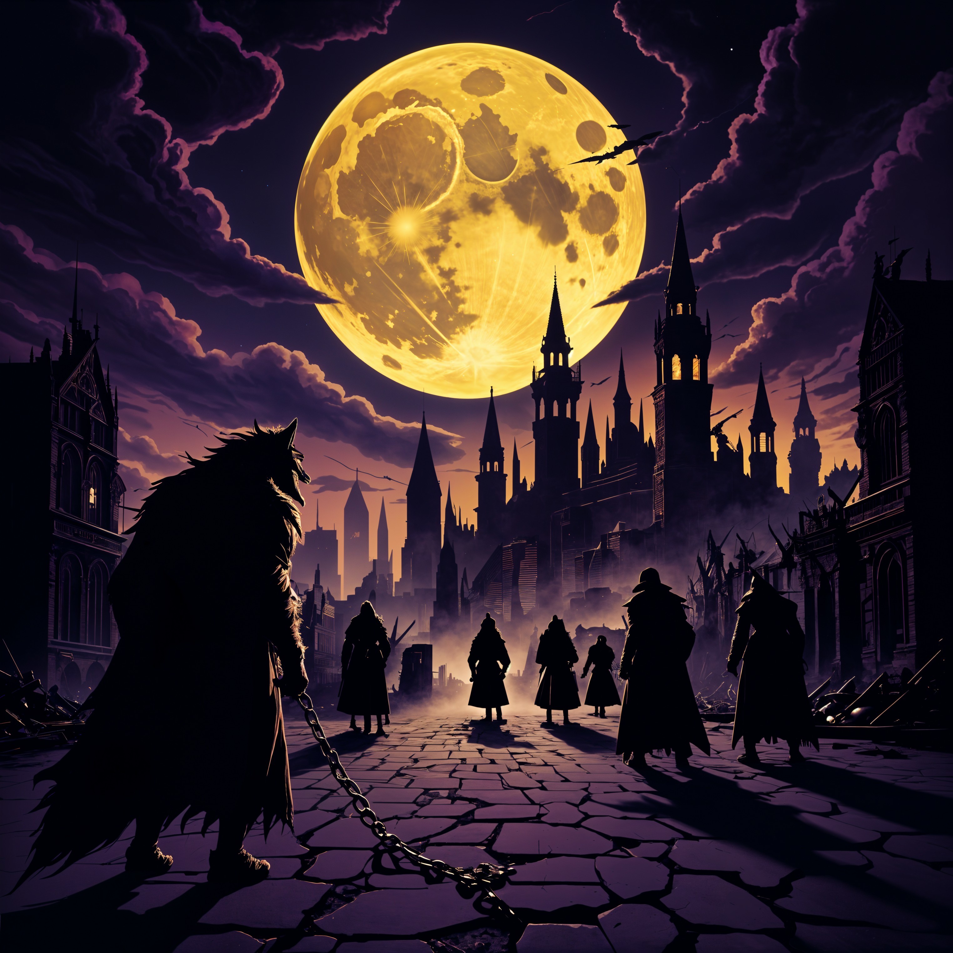 Eerie Moonlit Ruins with Silhouetted Figures
