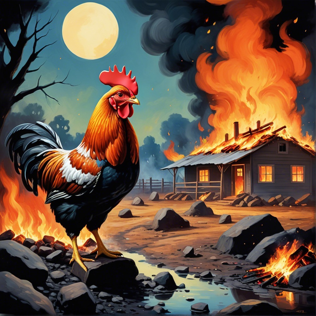 Rooster in Front of Flaming Farmhouse at Night